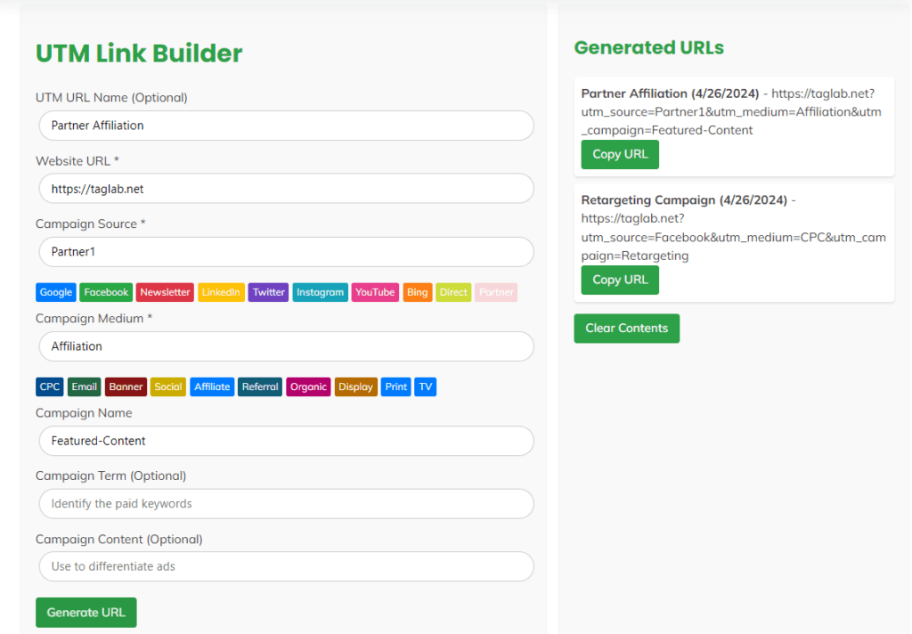 TAGLAB UTM Parameters Creator Template