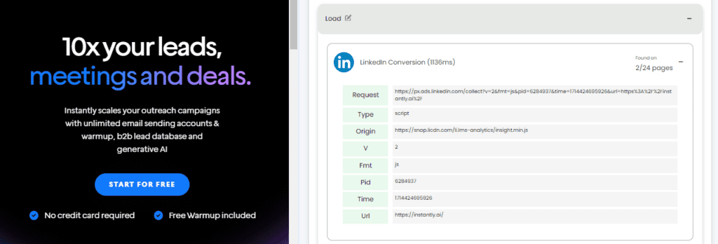 LinkedIn Conversion Tag Inspection on a Website