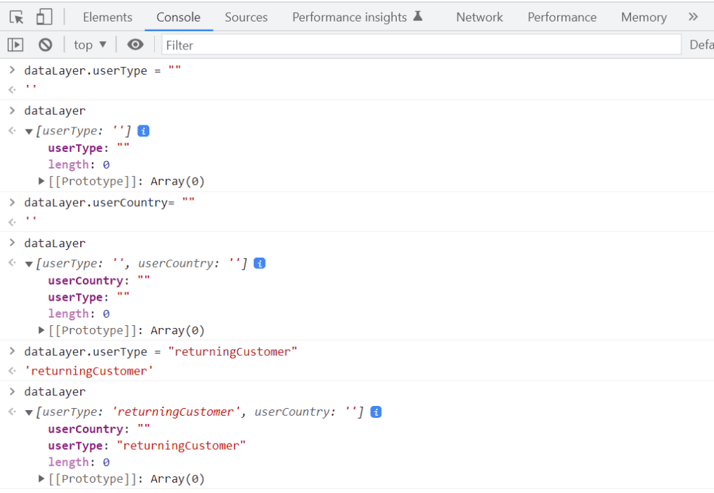 Viewing data layer in console with two variables.