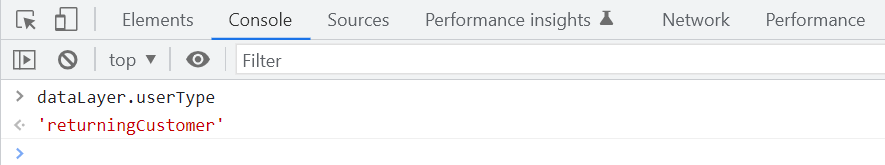 dataLayer view in console showing the variable user type