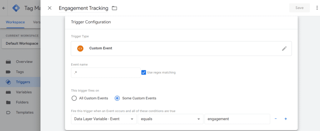 custom event trigger in GTM using the dataLayer variable event and the value "engagement"