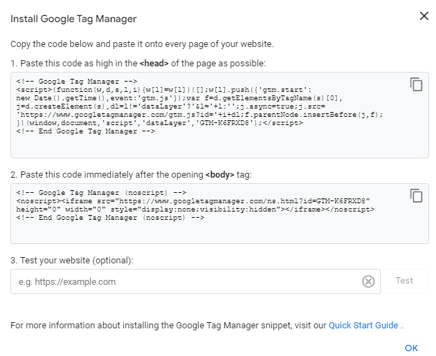 An example tag snippet from Google Tag Manager