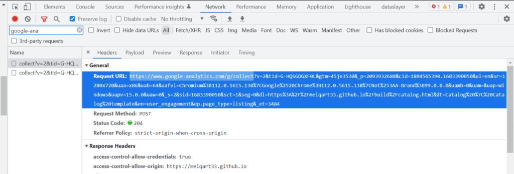 network call example in browser inspect mode showing google analytics in a new tag scan.