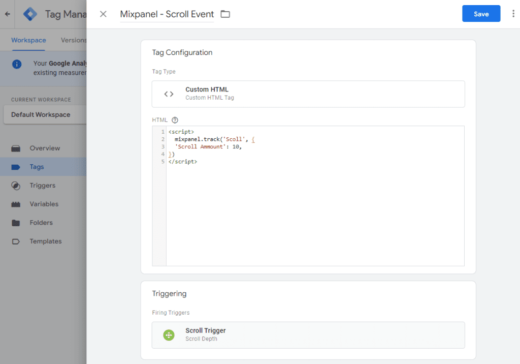 GTM Scroll HTML Tag for Mixpanel