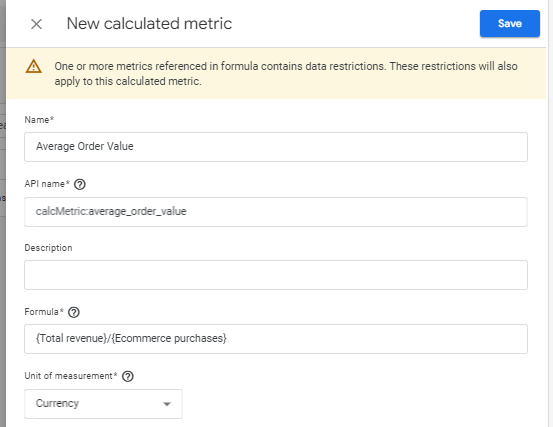 AOV calculated metric in Google Analytics 4