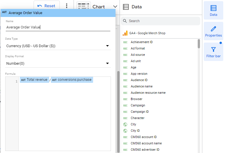 AOV as a custom feild in Google Looker Studio