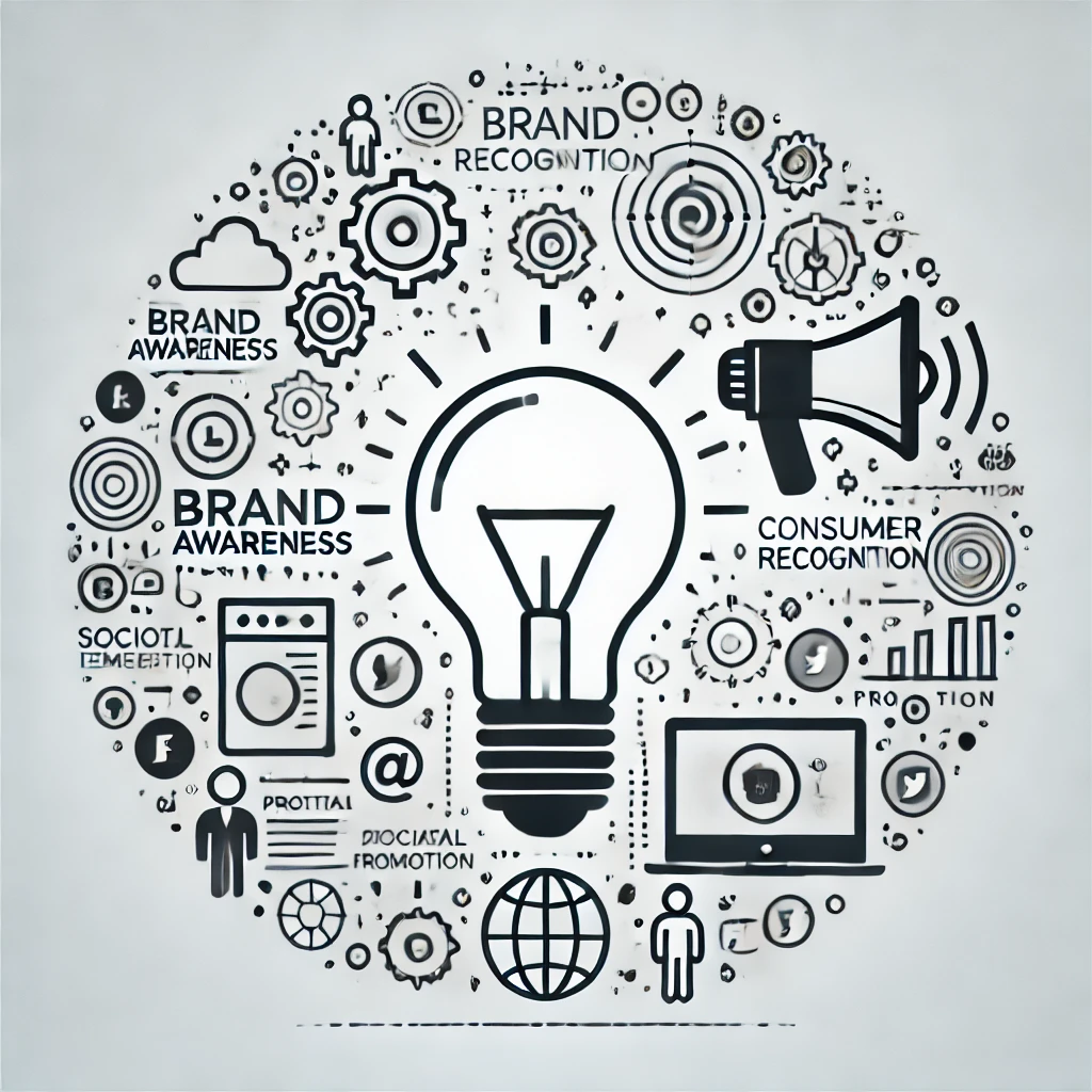 Minimalistic design includes symbols representing consumer recognition and recall of a brand, such as a lightbulb (idea/recognition), a megaphone (promotion), and social media icons.