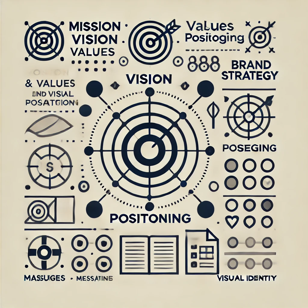 This minimalistic design includes symbols representing elements such as mission, vision, values, positioning, messaging, and visual identity to convey the concept of Brand Strategy.