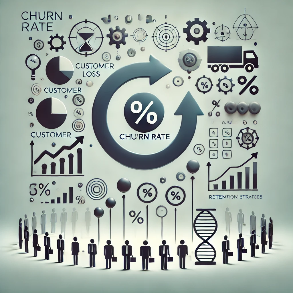 Minimalistic design includes symbols representing customer loss, percentage calculations, and retention strategies to convey the concept of Churn Rate.