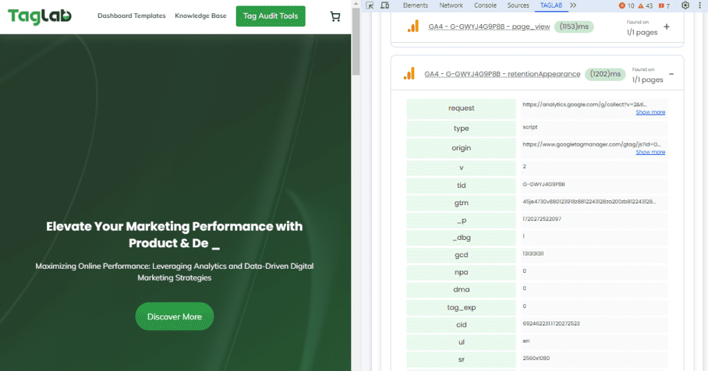 Inspectning Google Analytics with Taglab Chrome Extension