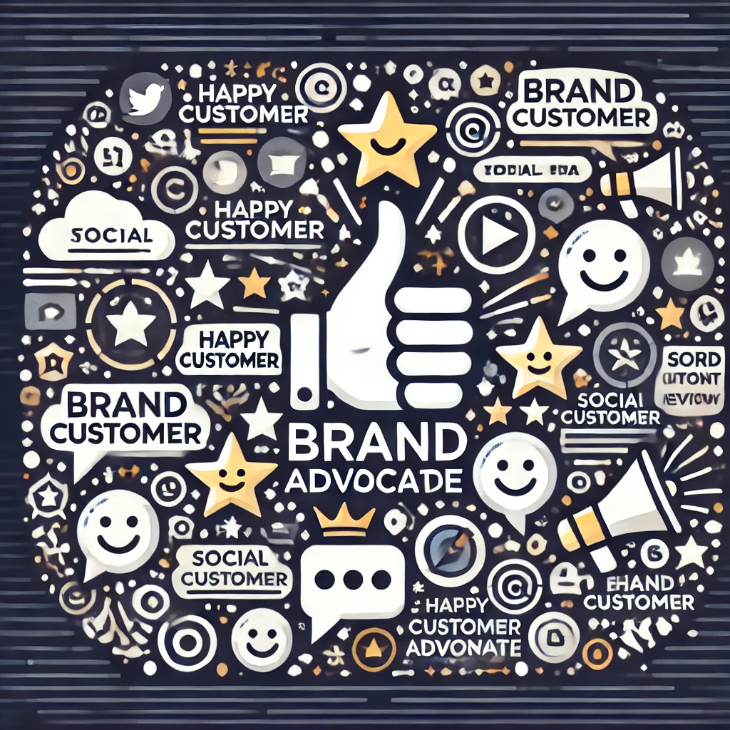 An abstract visual representation of a Brand Advocate. The image should include symbols or icons representing enthusiastic customers promoting a brand